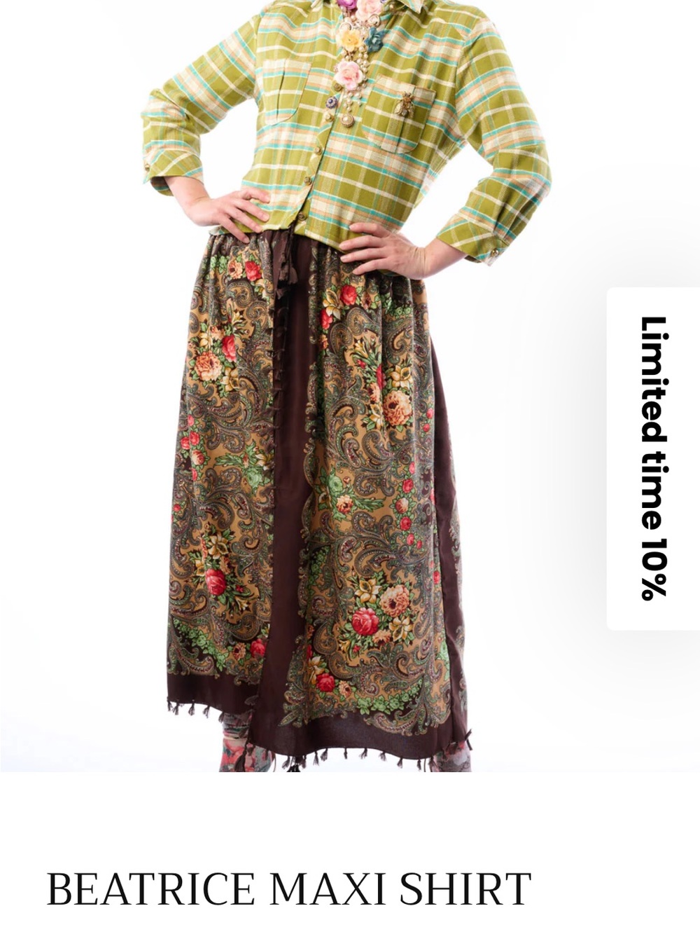 NWT Aratta Silent Journey Beatrice Maxi Shirt- Floral and Plaid - Picture 8 of 16